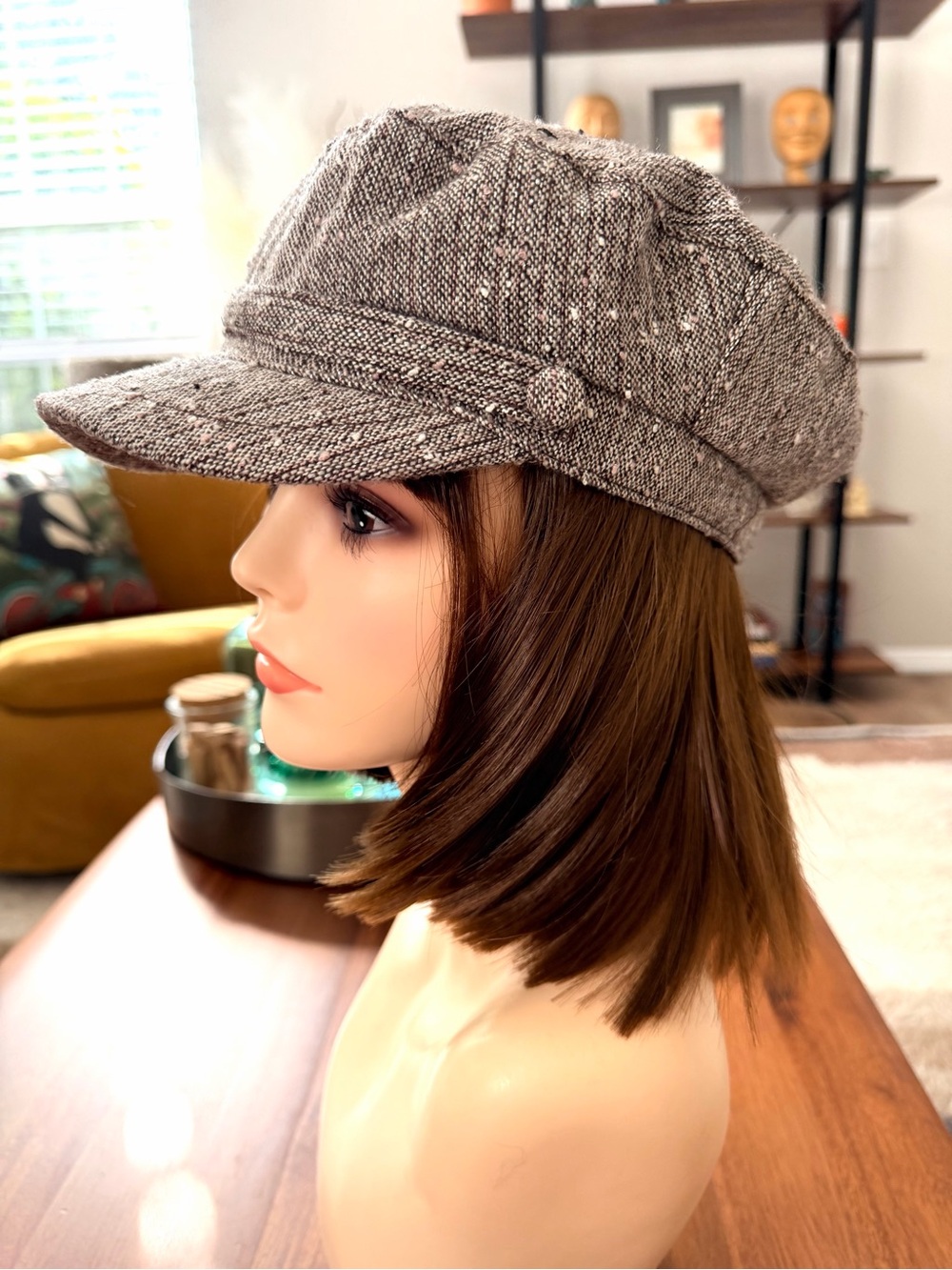 ROXY Wool Blend Tweed Newsboy Cabbie Cap Brown Pink Y2K Skater Hat - Picture 3 of 10